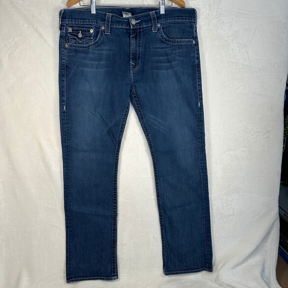 True Religion Ricky Jeans Mens 38 (40) Blue Denim Paper Tag USA Y2K Straight Leg